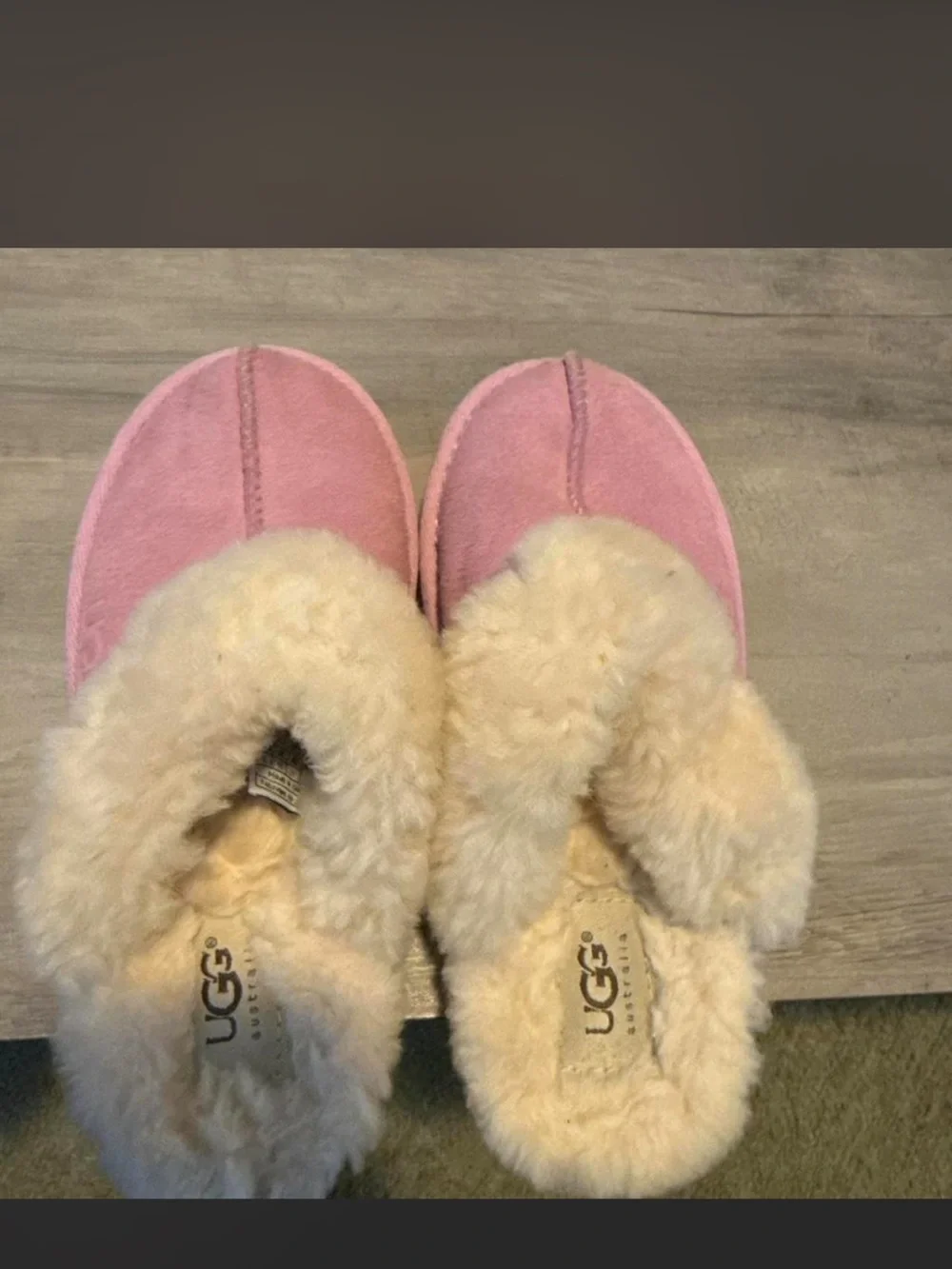UGG Kids Pink Suede Slip-On Slippers with Cream Shearling Cuff